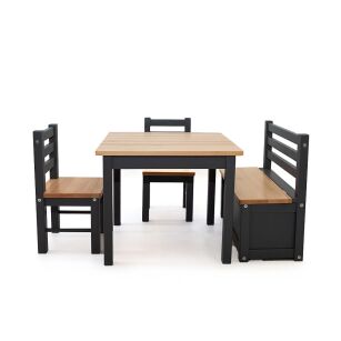 Zestaw drewnianych mebli dziecięcych stół, 2 krzesełka, ławeczka, drewno, szary