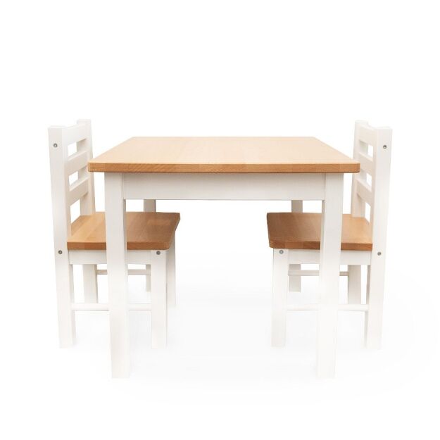 Zestaw drewnianych mebli dziecięcych stół, 2 krzesełka, ławeczka, drewno, biały